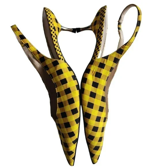 ZARA Women's Yellow/Black Gingham Slingback Pointed Toe Sandals Size 39 - Picture 4 of 9